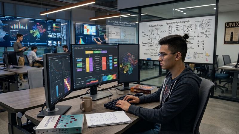 Student analysing data visualisations on several screens in an AI and data lab