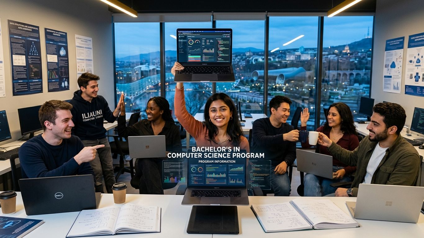 Computer science undergraduates celebrating with laptops in a computer lab