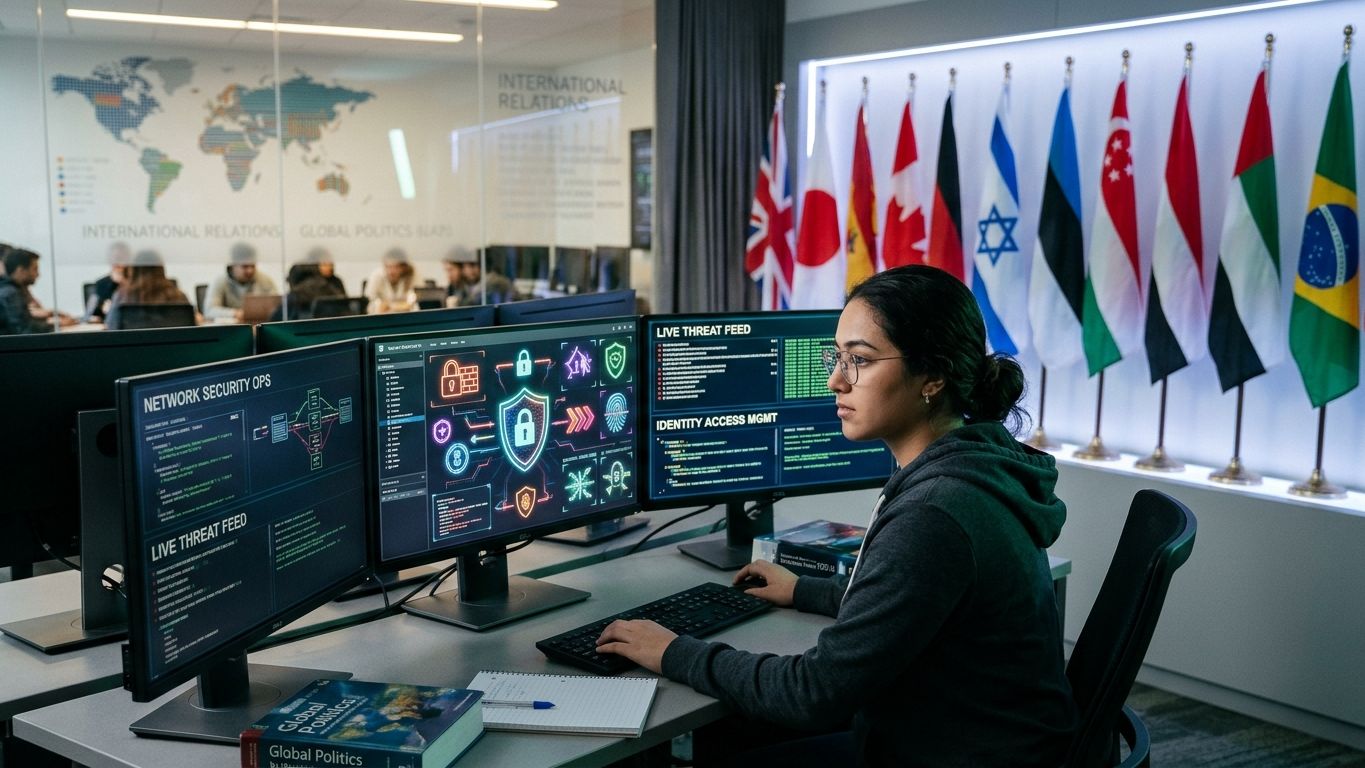 Cybersecurity student monitoring network security dashboards