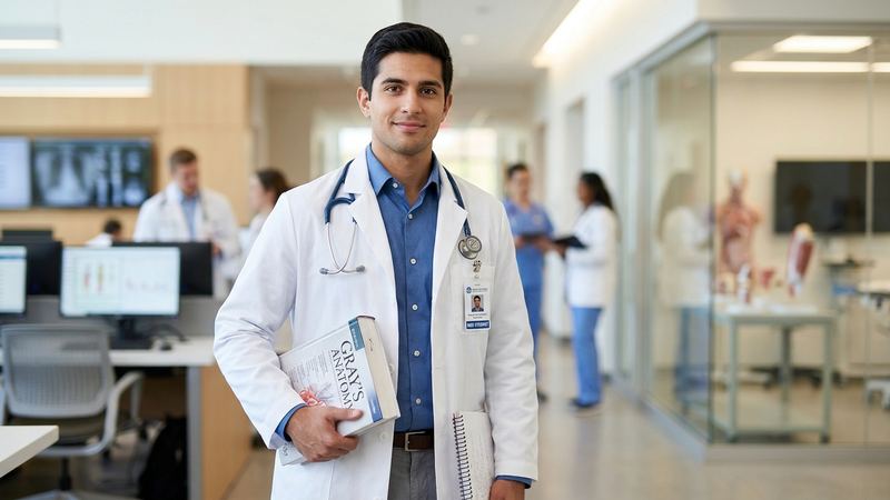 Medical student in a white coat with a stethoscope and an anatomy textbook in a university hospital corridor